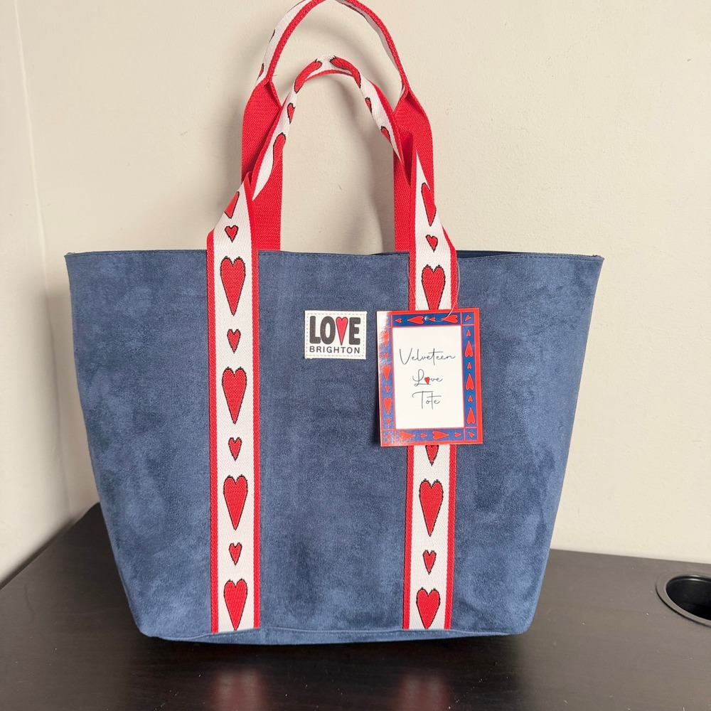 Brighton Velveteen Love Tote Navy Blue White Red Heart Shoulder Bag NWT